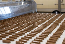 Schokoladen in Fabrik: Schokoladenriegel oder längliche Pralinen liegen auf einem Fließband und werden gerade mit Vollmilchschokolade überzogen. Danach gehen die Süßigkeiten in den Verkauf. ﻿