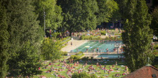 Badegäste amüsieren sich in einem Freibad bei schönem Wetter. Rundherum sind viele Bäume und Büsche zu sehen. Die Menschen baden oder liegen auf ihren Handtüchern.