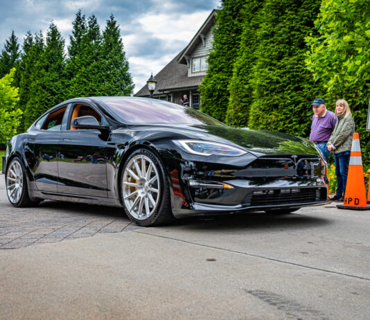 Ein nagelneuer schwarz glänzender Tesla steht auf einer Straße. Im Hintergrund stehen Bäume und einige Personen, die sich das Auto anschauen. Links vom Tesla stehen mehrere orangene Hütchen.