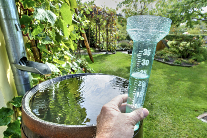 Ein Regenmesser mit Blick in einen Garten. Das Wasser steht in der Messanlage, sodass eine Person kontrollieren kann, wie viel Regen im Garten gefallen ist und wie viel man selbst noch gießen muss.