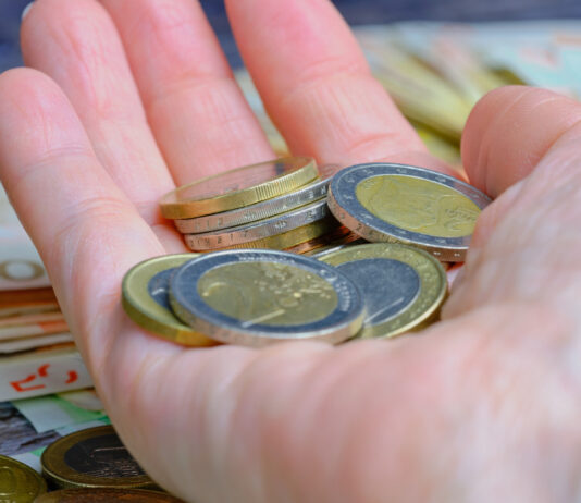 Eine geöffnete Hand hält verschiedene 1-Euro-Münzen und 2-Euro-Münzen. Im Hintergrund unter der Hand mit den Münzen sind verschiedene Geldscheine zu erkennen. Dazu gehören auch 50-Euro-Scheine.