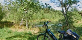 Ein Fahrrad steht auf einer Wiese inmitten der Natur