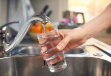 Eine Person hält ein Wasserglas unter einen silbernen Wasserhahn in der Küchenspüle und lässt fließendes Leitungswasser in das Glas hineinlaufen. Der Hintergrund zeigt verschwommen Messer, Handtücher und Obst.