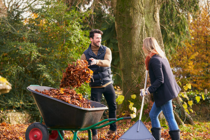 Ein Paar arbeitet gemeinsam im Garten und sammelt Laub auf.