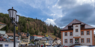 Ein deutsches Dorf mit vielen Häusern, Autos und Bäumen.