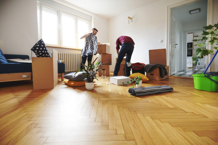 Zwei Männer räumen für den Umzug die Wohnung leer. Mehrere Kartons stehen in dem fast leeren Wohnzimmer sowie eine Topfpflanze. Die Wände sind weiß, der Parkettboden im Holz-Design. Wer gegen ein bestimmtes Verbot in Wohnungen verstößt, muss mit einer saftigen Strafe rechnen.