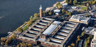 Luftaufnahme einer großen Industriehalle umgeben von mehreren Grünflächen. Links von der Fabrik liegt der Rhein. An das Industriegelände grenzen andere Gebäude.