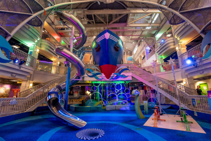 Ein Boot und eine Rutsche in einer Museumsausstellung für Kinder und Erwachsene. Das Museum besteht aus mehreren Räumen, die durch Treppen miteinander verbunden sind. Geeignet für Ausflüge, Kurzurlaube und Schlechtwettertage.