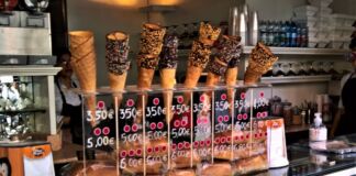 In einem Eiscafe stapeln sich auf einer gläsernen Anrichte verschiedene Sorten und Größen von Waffeltüten. Darunter befinden sich die Preise pro Tüte für ein, zwei oder drei Kugeln Eis.