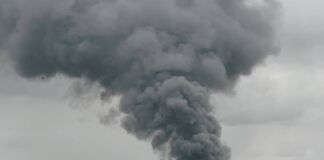 Eine riesige Rauchwolke steigt in den Himmel. Es könnte sich um einen Brand in einer großen Fabrik handeln. Der dicke graue Rauch enthält giftige Pestizide, die die Luft verpesten.