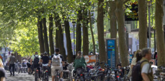 Eine lange Fahrradstraße ist gut befahren. Im Vordergrund laufen ein paar Passanten vorbei. Fahrräder parken an den Seiten der Allee. Bäume ragen an den Rändern der Straße auf, sodass nur ein vereinzelt Sonnenlicht durch die Baumkronen fällt.