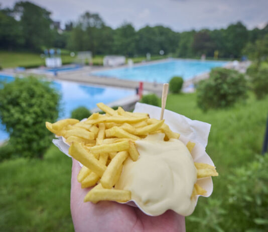 Eine Person hält eine Portion Pommes frites mit Mayonnaise in der Hand. Die Pommes hat er oder sie zuvor im Bistro des Schwimmbades gekauft. Im Hintergrund sind die Schwimmbecken zu sehen.