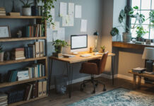 Ein modern eingerichtetes Büro, in dem alles vorzufinden ist, was man zum Arbeiten im Home-Office braucht. Ein Schreibtischstuhl, ein Bildschirm, ein Bücherregal mit Aktenordner, Zimmerpflanzen und weiteren Dekoartikeln und Notizen an der Wand. Ein schöner Teppich rundet die Optik des Büros ab.