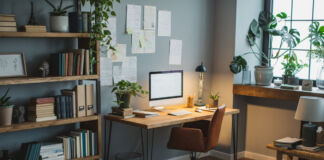 Ein modern eingerichtetes Büro, in dem alles vorzufinden ist, was man zum Arbeiten im Home-Office braucht. Ein Schreibtischstuhl, ein Bildschirm, ein Bücherregal mit Aktenordner, Zimmerpflanzen und weiteren Dekoartikeln und Notizen an der Wand. Ein schöner Teppich rundet die Optik des Büros ab.