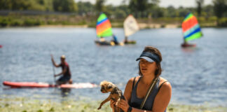 Eine Frau trägt ihren nassen, kleinen Hund an einem See entlang. Es scheint sehr warm zu sein. Die Frau schützt sich mit einem Cappy vor der Hitze und im Hintergrund sieht man mehrere Wassersportler auf dem Wasser fahren.