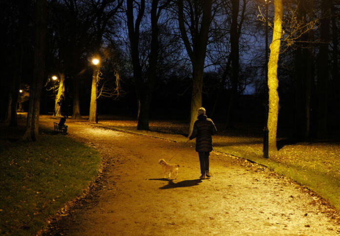 Eine Frau geht mit ihrem Hund spazieren. Sie ist dabei allein in einem Park mitten in der Nacht oder am frühen Morgen. Die Straßenbeleuchtung ist angeschaltet.