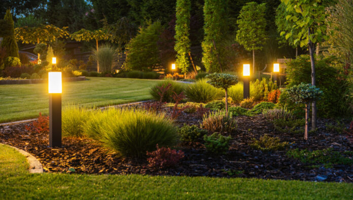 In einem modern angelegten, gepflegten Garten stehen in einem Beet und am Rasenrand entlang moderne LED-Leuchten. Diese verleihen dem Garten ein romantisches und heimeliges Ambiente.