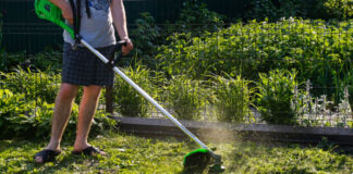 Ein Mann steht in seinem Garten und trimmt mithilfe eines Rasentrimmers seinen Rasen. Er trägt eine kurze Hose und Sandalen. Es scheint Sommer zu sein. Der Rasen leuchtet in einem satten Grünton.