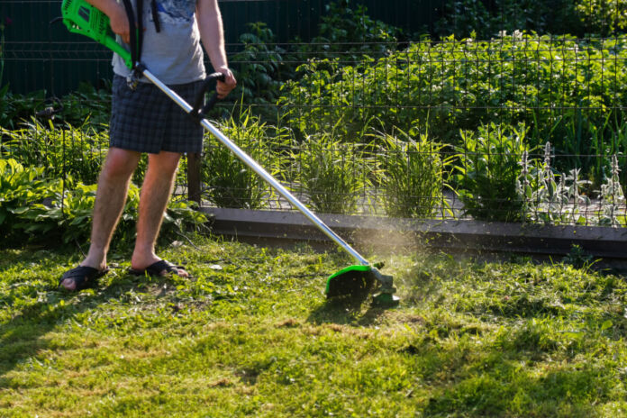 Ein Mann steht in seinem Garten und trimmt mithilfe eines Rasentrimmers seinen Rasen. Er trägt eine kurze Hose und Sandalen. Es scheint Sommer zu sein. Der Rasen leuchtet in einem satten Grünton.