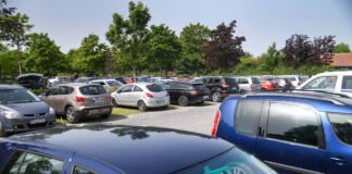 Unzählige Autos stehen an einem heißen Tag nebeneinander auf einem Parkplatz. Die Pkw stehen auf einem Stück Wiese, der Gehweg ist aus Kies. Im Hintergrund stehen Bäume. Die Parkfläche bietet kaum Schatten.