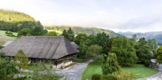 Ein Freilichtmuseum steht mitten in der Natur und ist von Wald umgeben Das Museum ist eine tolle Sehenswürdigkeit für Touristen. Es eignet sich gut für einen Ausflug im Sommer.