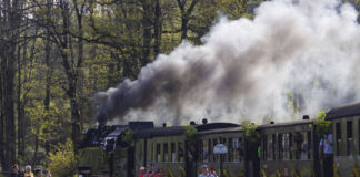 Mehrere Touristen oder Schaulustige stehen am Rand und fotografieren eine nostalgische Eisenbahn. Diese Dampflok fährt auf einer traditionellen Strecke mitten durch die Natur und ist ein echtes Highlight für alle Besucher.