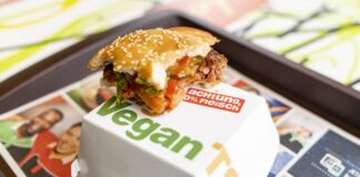 Ein veganer TS-Burger von McDonald's liegt auf einer kartonierten Box. Dieser Karton befindet sich auf einem Tablett in einer McDonald's-Filiale. Der Burger ist bereits gegessen.