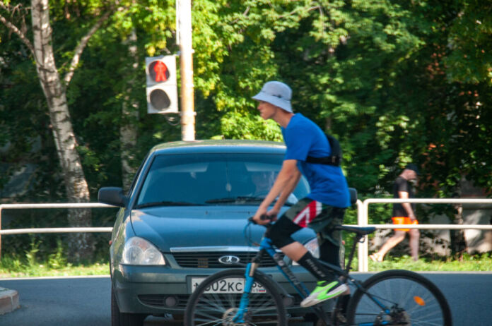 Ein Fahrradfahrer mit Hut und Brusttasche überquert im Sommer auf seinem Drahtesel eine Straße. Ein Auto wartet geduldig auf sein Passieren, während im Hintergrund ein Wald und eine rote Ampel zu sehen ist.