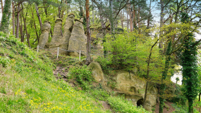 An einem Hang inmitten eines dichten Waldes oder Naturparks sind mehrere hohe Felsen als eine Art Felsformation zu sehen. Das Grün verrät, dass Frühling ist.