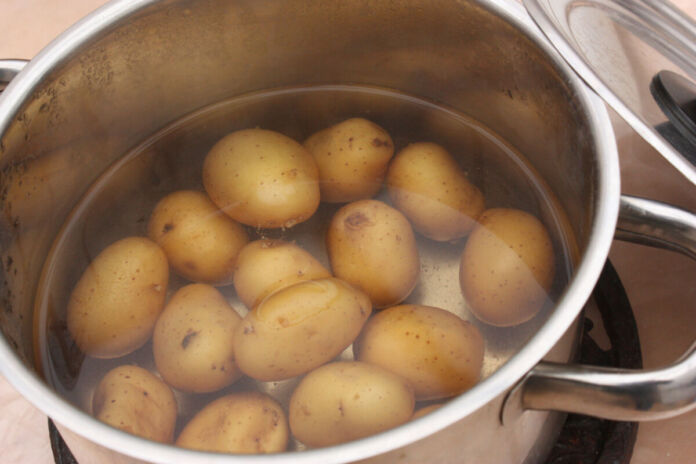 Auf einer Herdplatte steht ein Kochtopf aus Edelstahl mit Wasser und vielen noch ungeschälten Kartoffeln. Neben dem Topf liegt der passende Deckel.