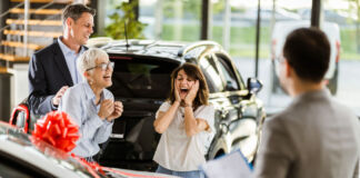 Eine ältere Frau, ein Mann und eine Frau mittleren Alters und ein Autohändler stehen in einem Autohaus. Die jüngere Frau jubelt, weil ihr offensichtlich das weiße Auto mit der roten Schleife herum geschenkt wird. Alle lächeln zufrieden.