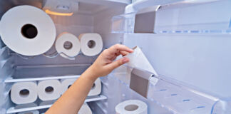 Die Hand einer Frau nimmt gerade eine angefangene Toilettenpapier-Rolle aus der Kühlschranktür. In jedem Fach im Kühlschrank befinden sich viele Rollen Toilettenpapier.