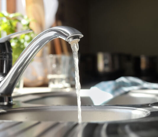 Ein Blick in eine Küche, direkt auf eine Spüle. Der Wasserhahn ist angeschaltet und es fließt klares Leitungswasser in das Waschbecken. Im Hintergrund kann man ein Geschirrhandtuch und einen Topf mit Küchenkräutern erkennen.