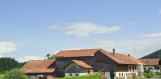 Ein Blick auf einen großen Bauernhof. Es ist Sommer und die Sonne scheint. Der Himmel ist strahlend blau. Es sind mehrere grüne Weidewiesen zu erkennen. Die Häuser selbst sind mit Holz verkleidet.