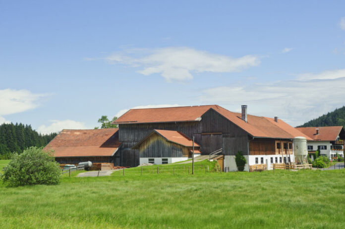 Ein Blick auf einen großen Bauernhof. Es ist Sommer und die Sonne scheint. Der Himmel ist strahlend blau. Es sind mehrere grüne Weidewiesen zu erkennen. Die Häuser selbst sind mit Holz verkleidet.