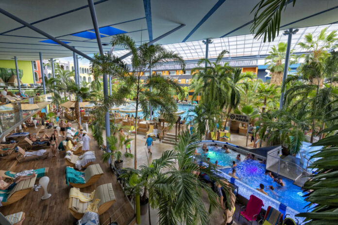 In einem Schwimmbad befinden sich mehrere Pools und einige Palmen und Badeliegen. Die Badegäste können es sich in der Therme richtig gut gehen lassen und sich erholen.