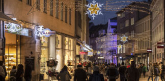 In der Weihnachtszeit schlendern die Kunden durch die Einkaufsstraßen, vorbei an den Geschäften. Sie kaufen Weihnachtsartikel, Gebäck, Lebkuchen, Geschenke für die Familie.