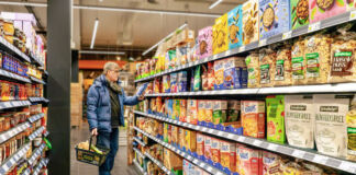 Ein Kunde befindet sich im Supermarkt und hält eine Packung in der Hand. Er betrachtet das Müsli-Regal. Darin sind viele Sorten mit Müsli und Cornflakes ausgestellt. Auf der anderen Seite des Ganges befinden sich die Konserven in Gläsern und Dosen.