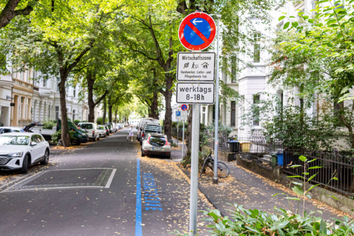 In einer Straße, die auf beiden Seiten von Häusern und Bäumen umsäumt ist, befindet sich eine blaue durchgezogene Linie. In blauer Schrift steht an der Linie Wirtschaftszone.