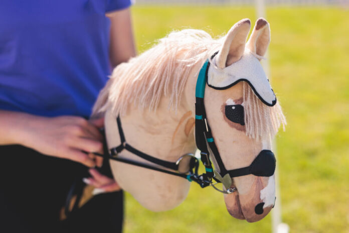 Eine Reiterin hält ihr Hobby Horse am Zügel in den Händen. Offensichtlich nimmt sie gerade an einem Wettkampf teil, der auf der Wiese hinter ihr stattfindet.