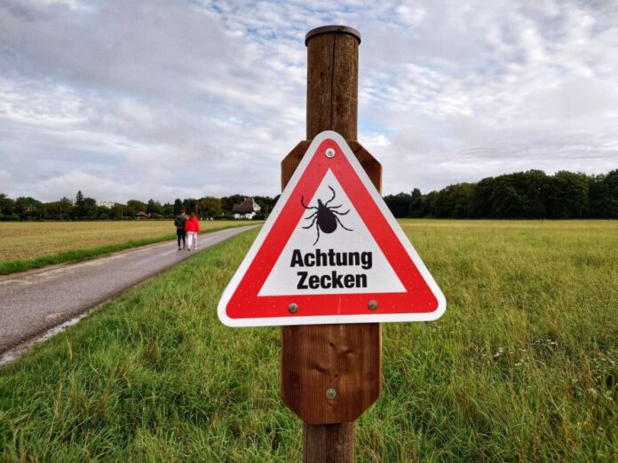 Ein Warnschild für Zecken steht neben einem landwirtschaftlichen Weg. Im Hintergrund sind zwei Wanderer, die sich durch die Felder bewegen. Das Schild für Zecken ist rot-weiß und beinhaltet eine Zeichnung des Schädlings.